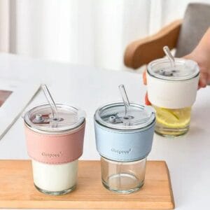 Premium Glass Tumbler with Leather Sleeve & Glass Straw